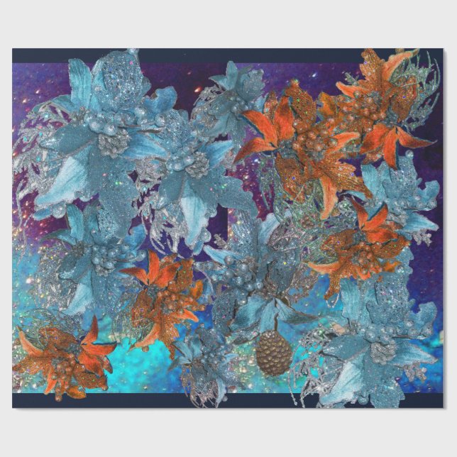 RED BLUE POINSETTIAS,CHRISTMAS STARS IN SPARKLES WRAPPING PAPER (Flat)