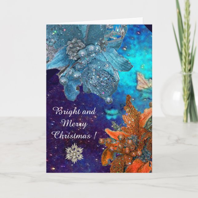 RED BLUE POINSETTIAS,DIAMOND STARS,SILVER SPARKLES HOLIDAY CARD (Front)