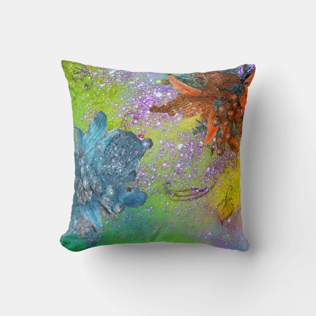 RED BLUE POINSETTIAS,XMAS STARS IN GREEN SPARKLES CUSHION (Front)