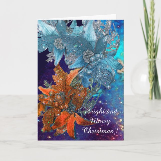 RED BLUE POINSETTIAS,XMAS STARS IN SILVER SPARKLES HOLIDAY CARD (Front)