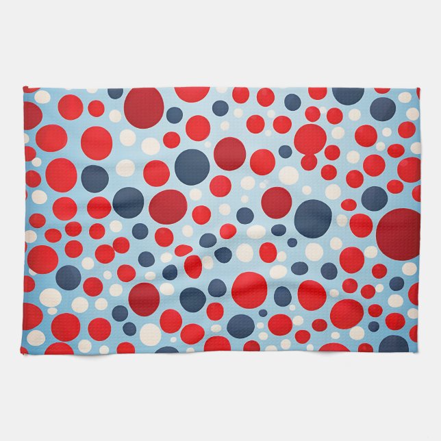 Red Blue Polka Dot Pattern Tea Towel (Horizontal)
