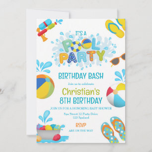 Red Blue Pool Party 5th Birthday Boy Invitation