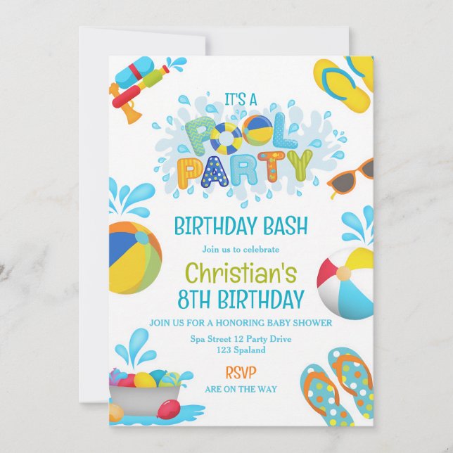 Red Blue Pool Party 5th Birthday Boy Invitation (Front)