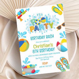 Red Blue Pool Party 5th Birthday Boy Invitation