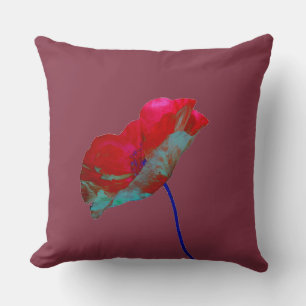 Red blue poppy on burgundy red cushion