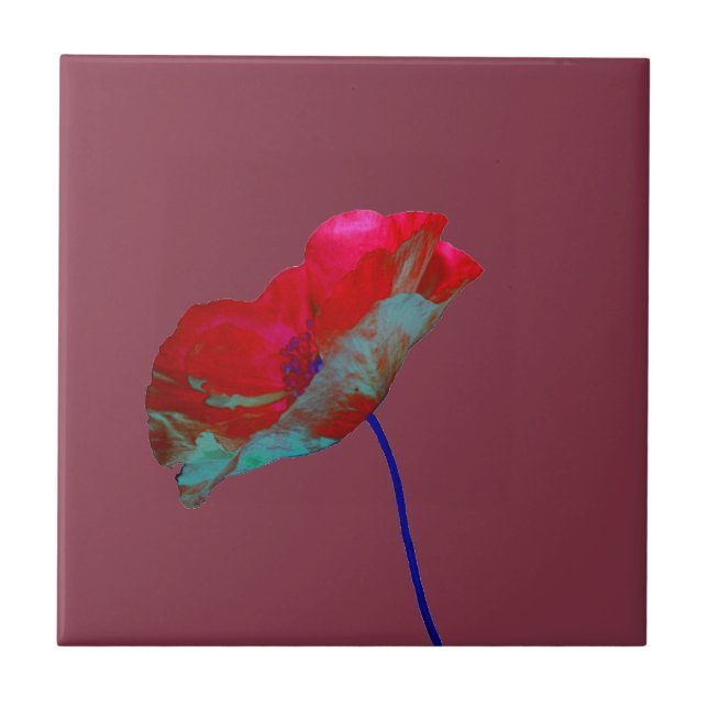 Red blue poppy on burgundy red tile (Front)