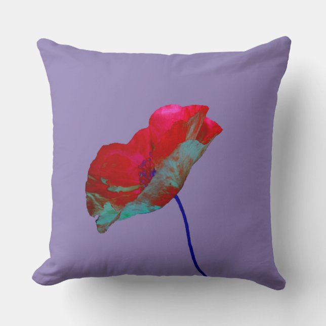 Red blue poppy on warm purple cushion (Front)