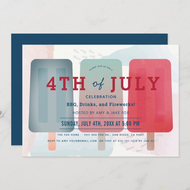 Red & Blue Popsicle 4th of July Party Invitation (Front/Back)