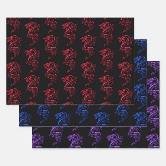 Red Blue & Purple Asian Dragons Collection Wrapping Paper Sheet (Set)