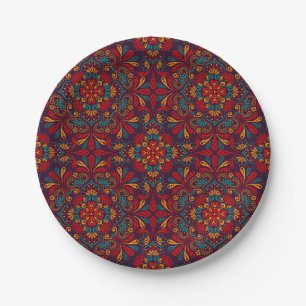 Red blue purple kaleidoscope pattern paper plate