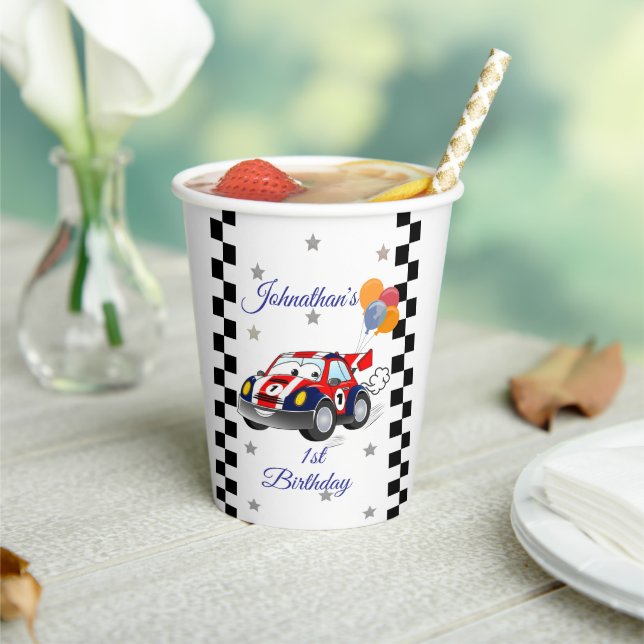 Red Blue Race Car Gold Stars Birthday Paper Cups (Insitu)