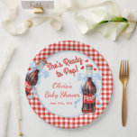 Red & Blue Ready to Pop Baby Shower  Paper Plate<br><div class="desc">Add a charming and playful touch to your celebration with these Red & Blue Ready to Pop Baby Shower Paper Plates. Featuring a classic red gingham background and a cute vintage-style soda bottle accented with a blue coquette bow, these plates perfectly capture the fun and nostalgic spirit of a “Ready...</div>