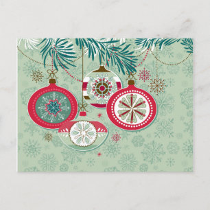 Red & Blue Retro Christmas Ornaments Holiday Postcard