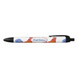 Red Blue Rooster Chicken Watercolor Boys Name Black Ink Pen