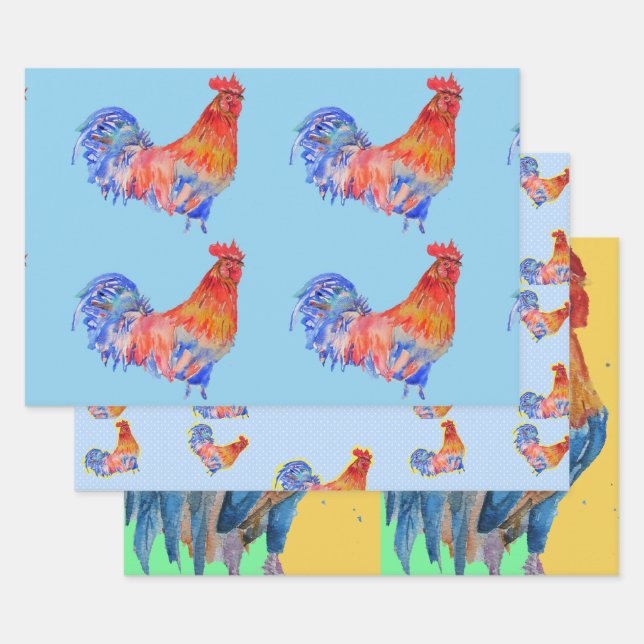 Red Blue Rooster Chicken Watercolor Painting Wrapping Paper Sheet (Set)
