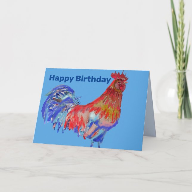 Red Blue Rooster Watercolor Man's Birthday Card (Front)