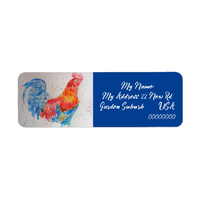 Red Blue Rooster Watercolour Return Address Labels (Front)