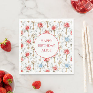 Red Blue Roses Gold Keys Birthday   Napkin