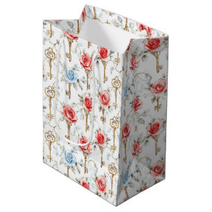 Red Blue Roses Gold Keys Bridal Shower Medium Gift Bag