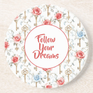 Red Blue Roses Gold Keys Coaster