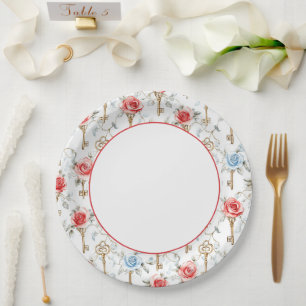 Red Blue Roses Gold Keys Wedding Paper Plate