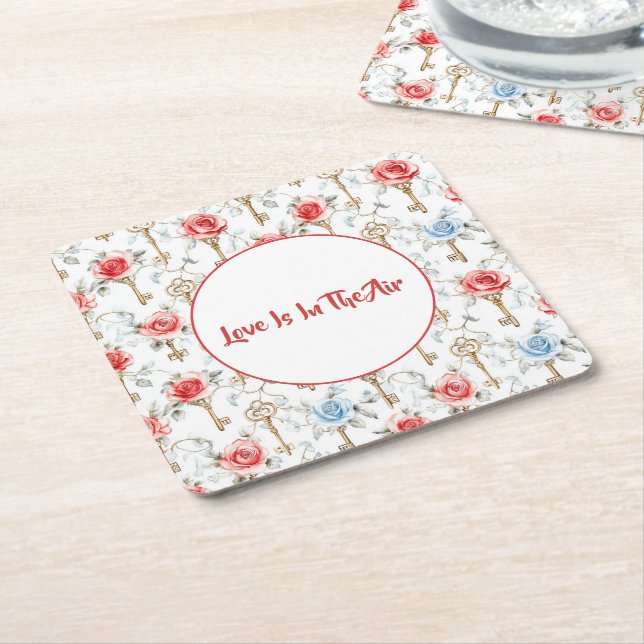 Red Blue Roses Gold Keys Wedding Square Paper Coaster (Angled)