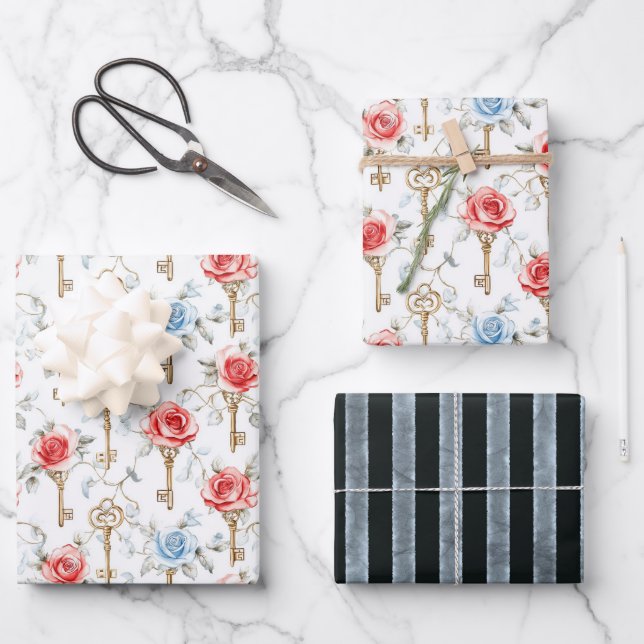 Red Blue Roses Keys Bridal Shower Wrapping Paper Sheet (Front)