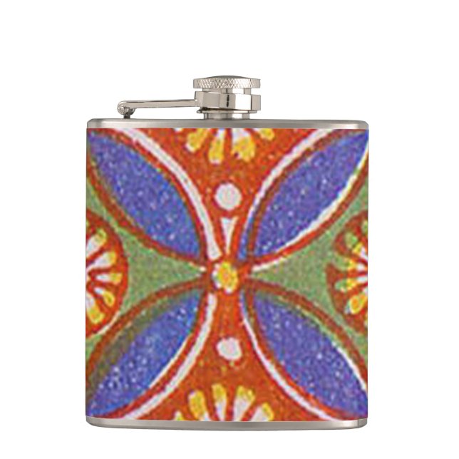 Red Blue Rustic Colourful Circle Egypt Art Pattern Hip Flask (Front)