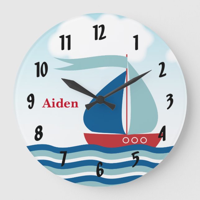 Red & Blue Sailboat on Water Waves, Personalised Large Clock (Front)