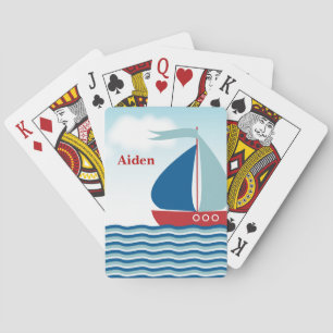 Red & Blue Sailboat on Water Waves, Personalised Playing Cards