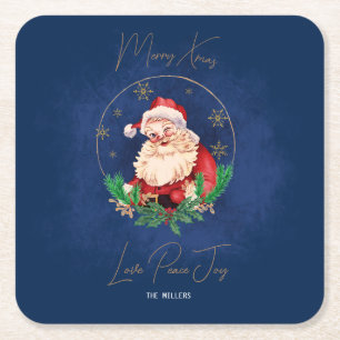 Red Blue Santa Claus Festive Vintage Christmas Square Paper Coaster