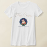 Red Blue Santa Matching Unique Christmas Womens T-Shirt<br><div class="desc">Vintage Merry Christmas greeting in stylish trendy script and Santa in a circle frame on blue background. Personalise mum's name.</div>