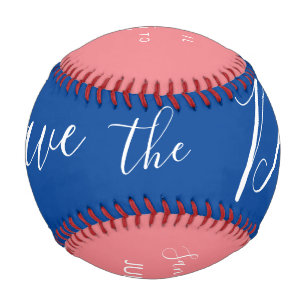 Red Blue Script Heart Save the Dates Baseball