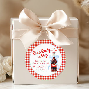 Red & Blue She's Ready to Pop Baby Shower Classic Round Sticker