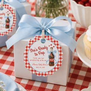 Red & Blue She's Ready to Pop Baby Shower Favour Tags