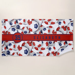 Red blue soccer balls pattern personalised name beach towel