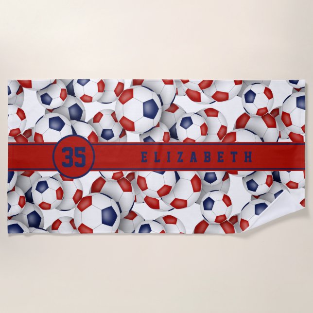 Red blue soccer balls pattern personalised name  beach towel (Front)