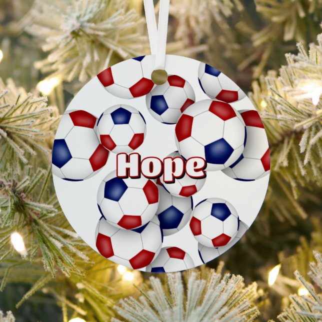 red blue soccer balls sports keepsake metal tree decoration (Insitu)