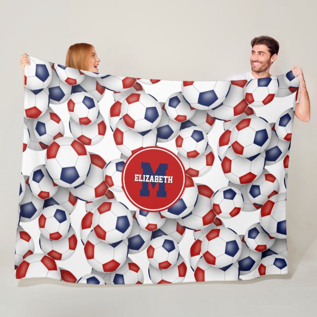 red blue soccer balls team colours monogrammed fleece blanket (In Situ)
