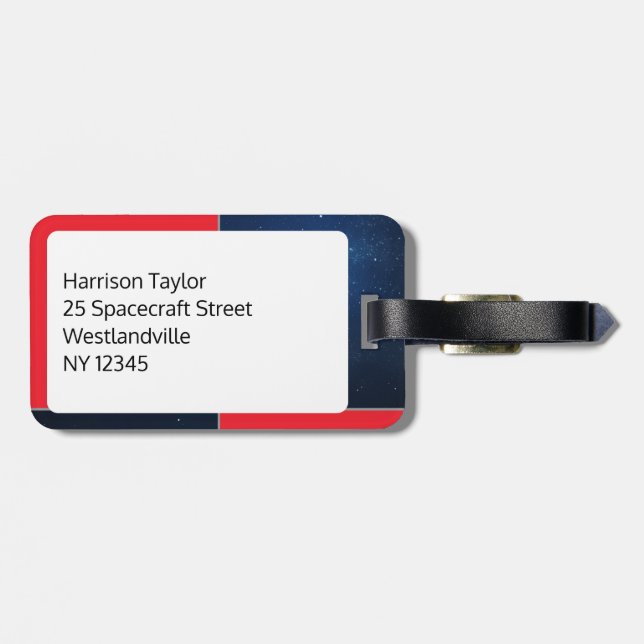 Red Blue Space Themed Personalised Luggage Tag (Back Horizontal)