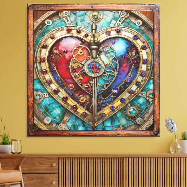 Red & Blue Stained Glass Heart Steampunk Series Canvas Print (Insitu(LivingRoom))