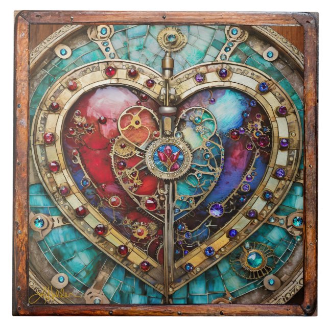 Red & Blue Stained Glass Heart Steampunk Series Tile (Front)