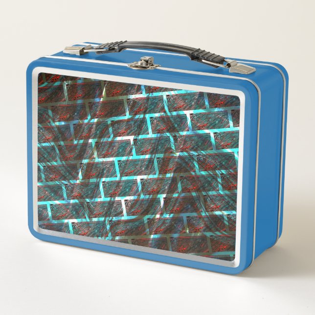 Red blue stained, scratches, grid or brick effect? metal lunch box (Front)