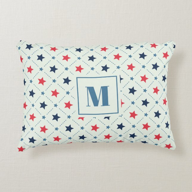 Red Blue Star Dot Line Geometric Pattern Monogram Decorative Cushion (Front)