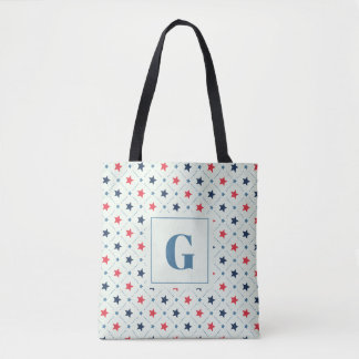 Red Blue Star Dot Line Geometric Pattern Monogram Tote Bag