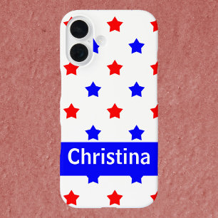 Red Blue Star Pattern White Background Personalise iPhone 16 Case