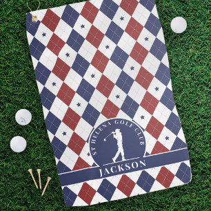 Red Blue Stars Argyle Personalised Monogram Golf Towel