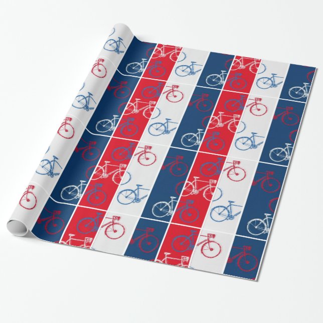 red & blue, striped & cool bicycles wrapping paper (Unrolled)