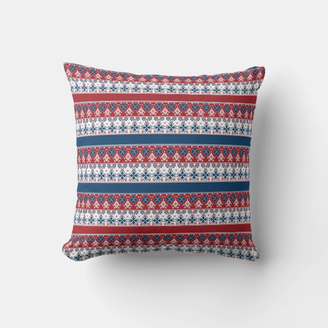 Red Blue Striped Norwegian Pattern Cushion (Front)