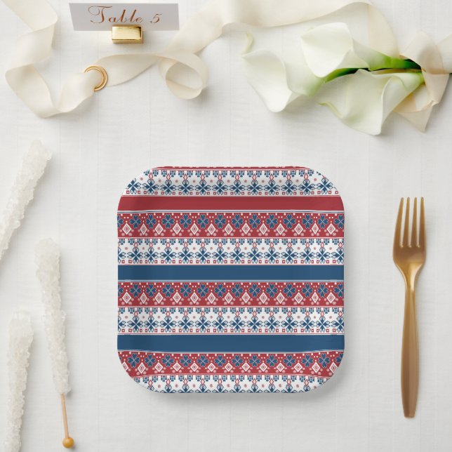 Red Blue Striped Norwegian Pattern  Paper Plate (Wedding)